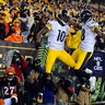 Pittsburgh Steelers wide receiver Martavis Bryant, No. 10, and wide receiver Darrius Heyward-Bey, No. 88, celebrate after a touchdown during the third quarter against the Cincinnati Bengals in the AFC Wild Card playoff football game at Paul Brown Stadium  