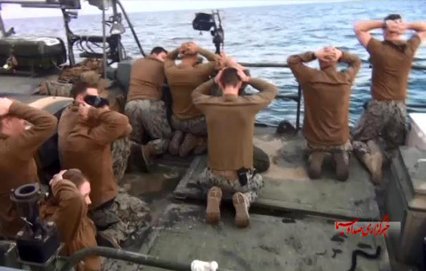 This picture released by the Iranian state-run IRIB News Agency on Jan. 13, 2016, shows the detention of American Navy sailors by the Iranian Revolutionary Guard in the Persian Gulf, Iran. 