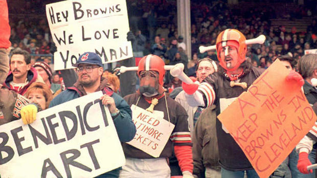 Cleveland Browns fans, some dressed in the team's 