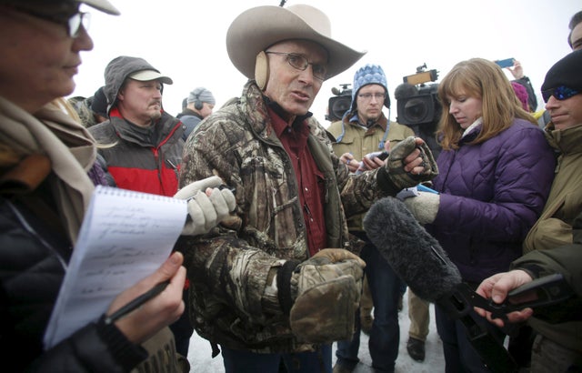 Arizona cattle rancher Robert "LaVoy" Finicum talks to the media at the Malheur National Wildlife Refuge near Burns, Oregon, Jan. 5, 2016. 