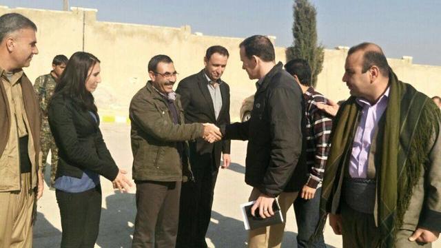 ​U.S. envoy to the coalition fighting ISIS, Brett McGurk (3rd from right) meets local Kurdish officials in the northern Syrian town of Kobani 