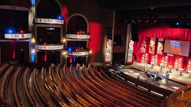 Crews put the finishing touches on the stage for the CBS News Republican Presidential Debate at the Peace Center in Greenville, South Carolina, which is being broadcast Feb. 13, 2016, on the CBS Television Network. 