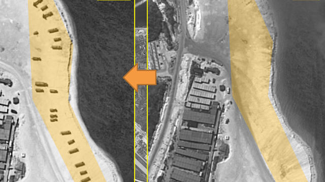 Satellite images from early Feb. 2, 2016, left, and another of the same part of Woody Island in the South China Sea taken on Feb. 14, 2016, show the appearance of anti-aircraft missile units on the beach 