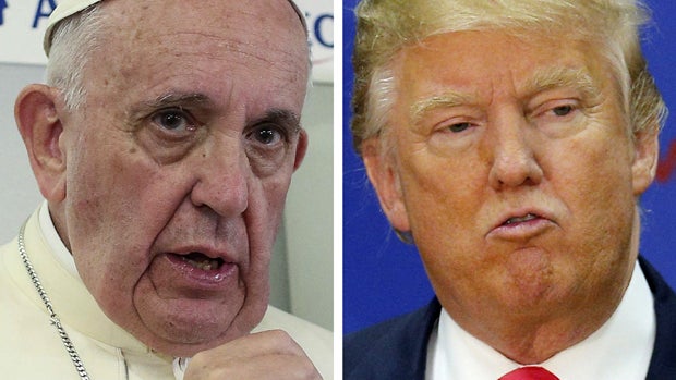 Pope Francis speaks during a meeting with the media onboard the papal plane while en route to Rome, Italy, Feb. 17, 2016, and Donald Trump speaks at a campaign rally in Portsmouth, New Hampshire, Feb. 4, 2016, in a combination of file photos. 