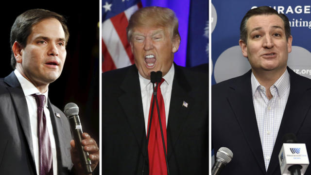 A combination photo shows Republican presidential candidates Marco Rubio in North Las Vegas, Nevada, on Feb. 21, 2016, Donald Trump in Spartanburg, South Carolina, on Feb. 20, 2016, and Ted Cruz in Las Vegas, Nevada, on Feb. 22, 2016. 
