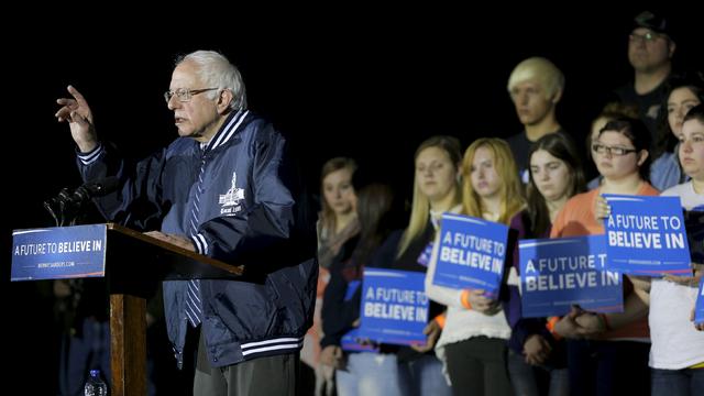 Sen. Bernie Sanders speaks at a campaign rally at a high school in Hibbing, Minnesota, Feb. 26, 2016. 