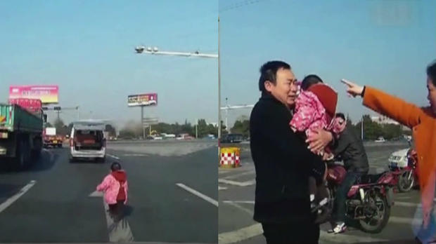 boy falls out of van on Chinese freeway 