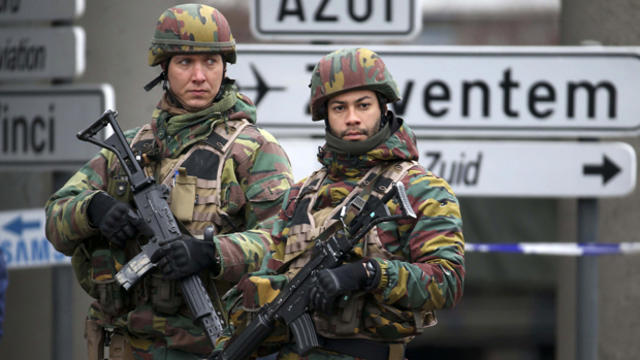 ​Belgian troops control a road leading to Zaventem airport in Brussels, Belgium, March 24, 2016, two days after the city was attacked. 