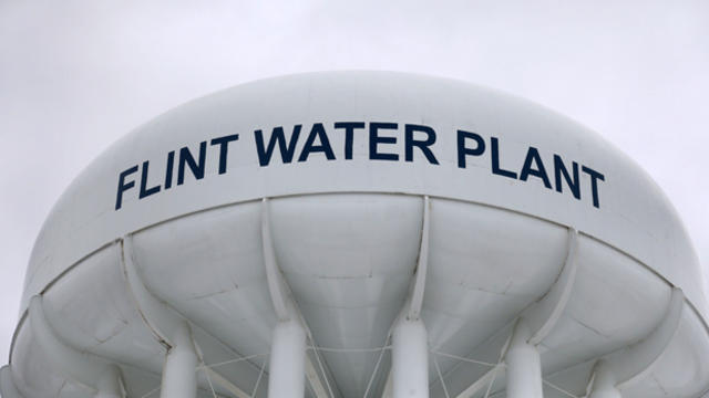 The top of a water tower at the Flint Water Plant is seen in Flint, Michigan, Jan. 13, 2016. 