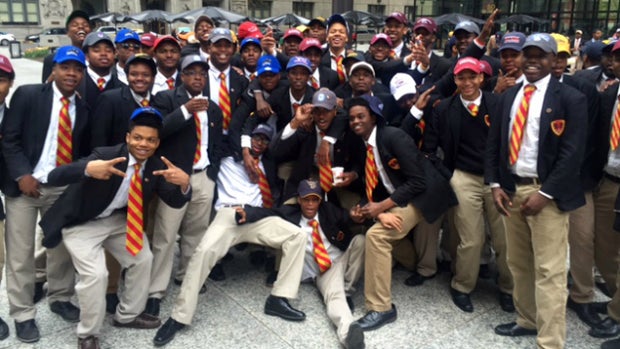 Seniors at Urban Prep Charter Academy for Young Men strike a pose in Chicago April 26, 2016. 