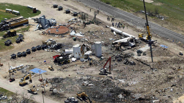 The site of a fertilizer plant explosion in West, Texas, is pictured from the air as President Obama and first lady Michelle Obama, not pictured, assess the damage from Marine One April 25, 2013, on their way to a memorial service for the victims who died 