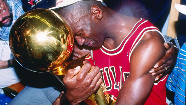 Michael Jordan with NBA championship trophy - Game 5 NBA Finals - Chicago Bulls v Los Angeles Lakers 