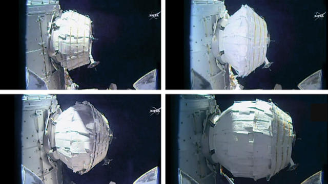 An experimental expandable crew module inflates aboard the International Space Station on May 28, 2016, in this combination of images from NASA TV. 