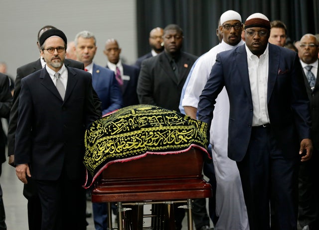 Muhammad Ali's casket arrives at Freedom Hall for his Jenazah, a traditional Islamic Muslim service, on June 9, 2016, in Louisville, Kentucky.