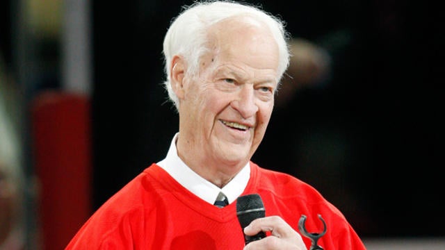 Gordie Howe speaks to fans during the Centennial Celebration ceremonies prior to the NHL game between the Montreal Canadiens and Boston Bruins on Dec. 4, 2009, at the Bell Centre in Montreal, Quebec, Canada. The Canadiens defeated the Bruins 5-1. 