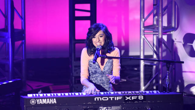 Christina Grimmie performs at What's Trending's Fourth Annual Tubeathon Benefiting American Red Cross on April 20, 2016, in Burbank, California.​ 
