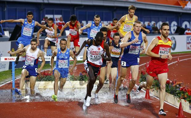 Athletes compete in the men's 3000m steeplechase final for the European championships in Amsterdam July 8, 2016. 