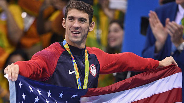 Michael Phelps with U.S. Flag at Rio Games 