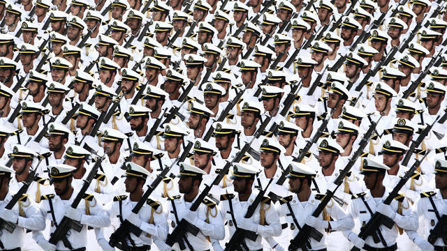 Iranian naval troops march during the annual military parade marking the anniversary of Iran’s war with Iraq (1980-88) in Tehran on Sept. 22, 2014. 