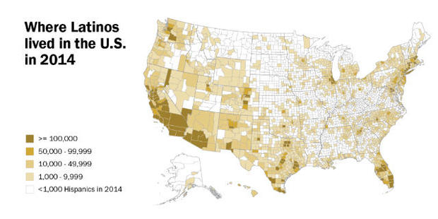 A map released by the Pew Research Center on Sept. 8, 2016, shows where Latinos lived in the United States in 2014. 