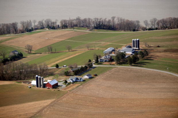 An aerial view of two farms on  the Susq 
