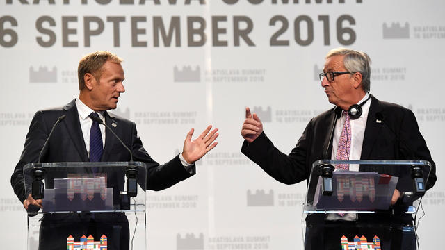 European Council President Donald Tusk, left, and European Commission President Jean Claude Juncker hold a news conference at the end of a European Union summit - the first one since Britain voted to leave the bloc - in Bratislava, Slovakia, Sept. 16, 201 