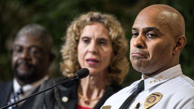 Charlotte-Mecklenburg Police Chief Kerr Putney, right, and Charlotte Mayor Jennifer Roberts field questions from the media Sept. 22, 2016, in Charlotte, North Carolina. 