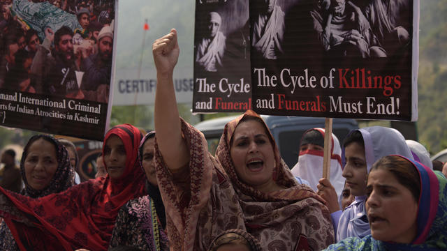 Pakistani Kashmiris shout anti-Indian slogans during a protest in Muzaffarabad, the capital of Pakistan-administered Kashmir 