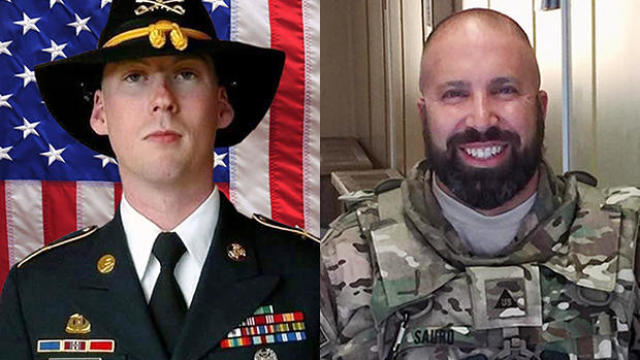 Army Sgt. Douglas J. Riney, of Fairview, Ill., left, and Army civilian employee Mike Sauro, of McAlester, Okla., are seen in an undated photo provided by the Department of Defense and a 2016 photo provided by the U.S. Army respectively. 