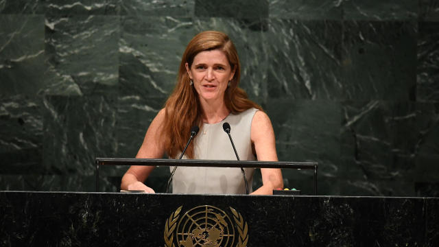 U.S. Ambassador to the U.N. Samantha Power speaks during a ceremony for the appointment of the secretary-general during the 70th session of the General Assembly Oct. 13, 2016, at the United Nations in New York. 