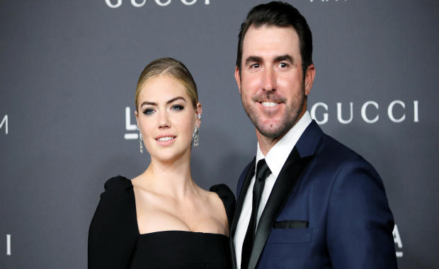 Model Kate Upton and Major League Baseball pitcher Justin Verlander pose at the Los Angeles County Museum of Art Art+Film Gala in Los Angeles Oct. 29, 2016. 