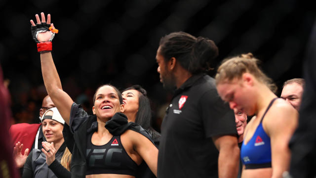 Amanda Nunes reacts after her TKO victory against Ronda Rousey during UFC 207 at T-Mobile Arena in Las Vegas Dec. 30, 2016. 
