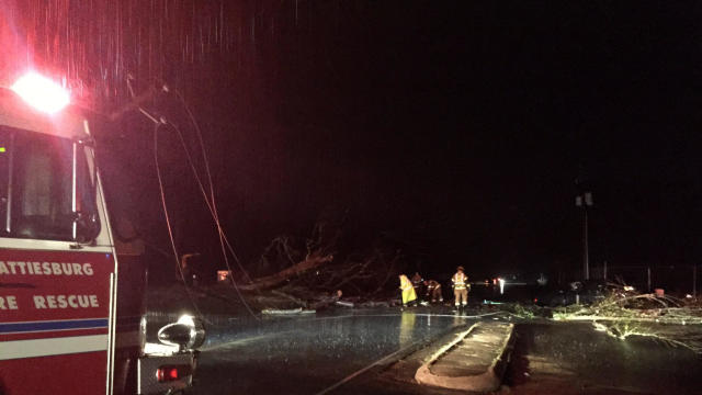 Crews work the scene on Mississippi Highway 49 after a tornado struck the Hattiesburg area on Jan. 21, 2017. 