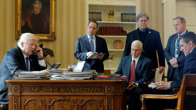 President Donald Trump, joined by, from left to right, chief of staff Reince Priebus, Vice President Mike Pence, senior adviser Steve Bannon, Communications Director Sean Spicer and National Security Adviser Michael Flynn, speaks by phone with Russia’s Pr 