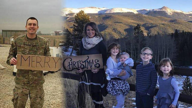 Air Force Staff Sgt. Brandon Sistrunk, left, poses in southwest Asia and his wife, Ashley, and kids pose in Colorado Springs, Colo., in this undated photo montage. 
