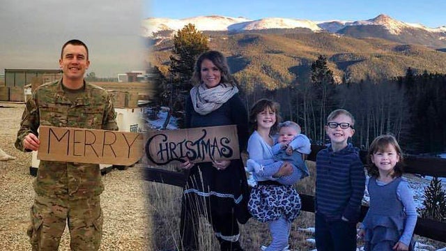 Air Force Staff Sgt. Brandon Sistrunk, left, poses in southwest Asia and his wife, Ashley, and kids pose in Colorado Springs, Colo., in this undated photo montage. 