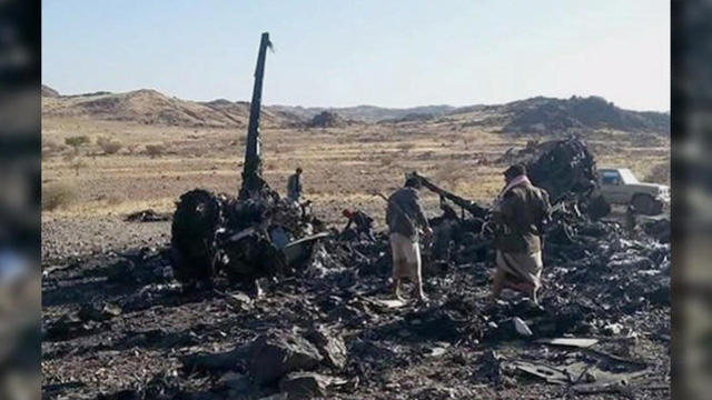 The wreckage of an American aircraft is seen after a U.S. military raid on an al Qaeda in the Arabian Peninsula compound in al Badya, Yemen, in February 2017. 