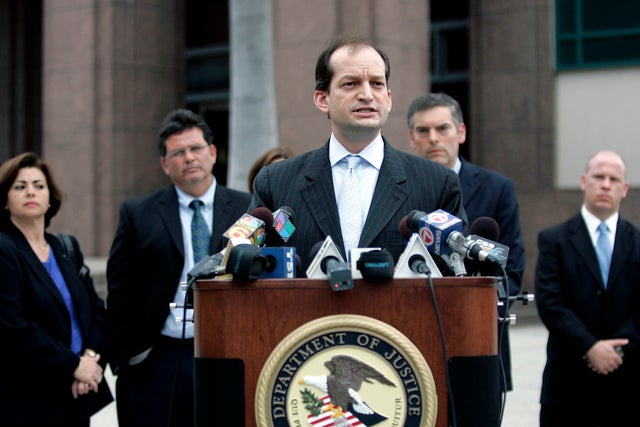 R. Alexander Acosta, U.S. attorney for the Southern District of Florida, speaks to the media on Feb. 27, 2007, in Miami, Florida. 