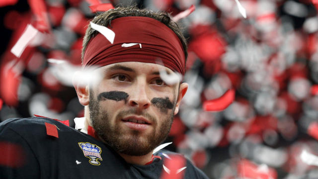 Baker Mayfield, No. 6 of the Oklahoma Sooners, celebrates after defeating the Auburn Tigers 35-19 during the Allstate Sugar Bowl at the Mercedes-Benz Superdome on Jan. 2, 2017, in New Orleans, Louisiana. 