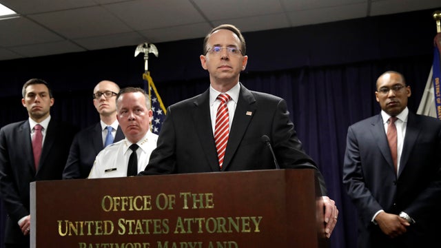 U.S. Attorney for the District of Maryland Rod J. Rosenstein speaks at a news conference in Baltimore March 1, 2017, to announce that seven Baltimore police officers who worked on a firearms crime task force are facing charges of stealing money, property  