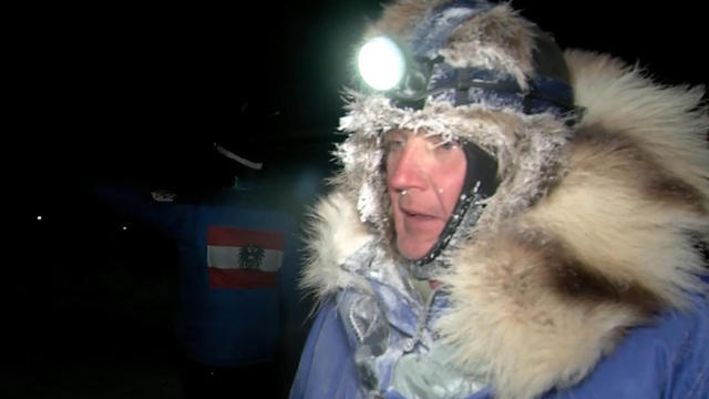 Musher Linwood Fiedler talks about falling asleep and toppling off his sled on the Iditarod Trail Sled Dog Race on March 9, 2017, in Ruby, Alaska. 