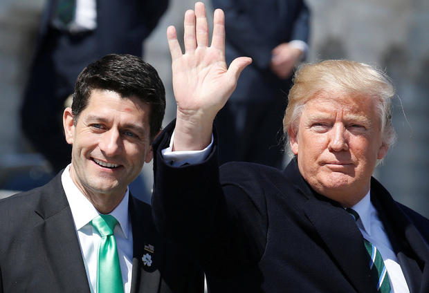 President Trump waves with House Speaker Paul Ryan, R-Wisconsin, after attending a Friends of Ireland reception on Capitol Hill in Washington March 16, 2017. 