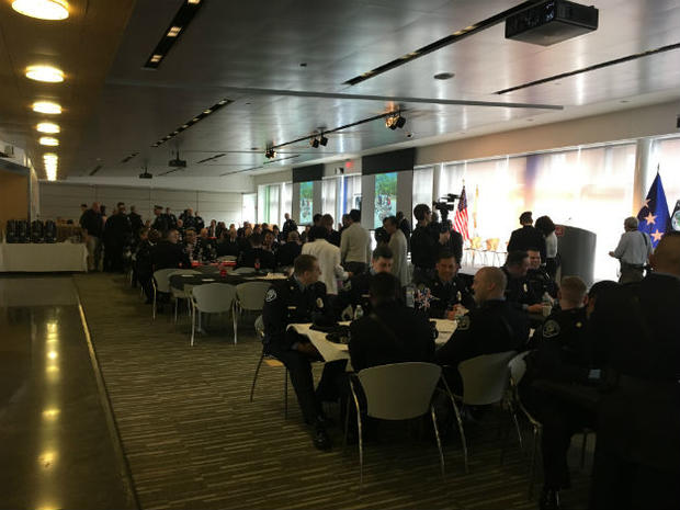 Wide shot of ceremony held at Campbell's Soup HQ in Camden 