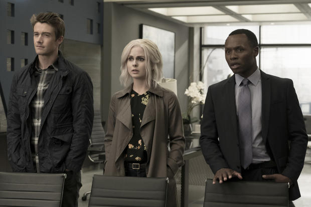 Robert Buckley as Major, Rose McIver as Liv and Malcolm Goodwin as Clive 