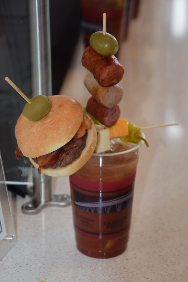 Bloody Mary topped with a burger 