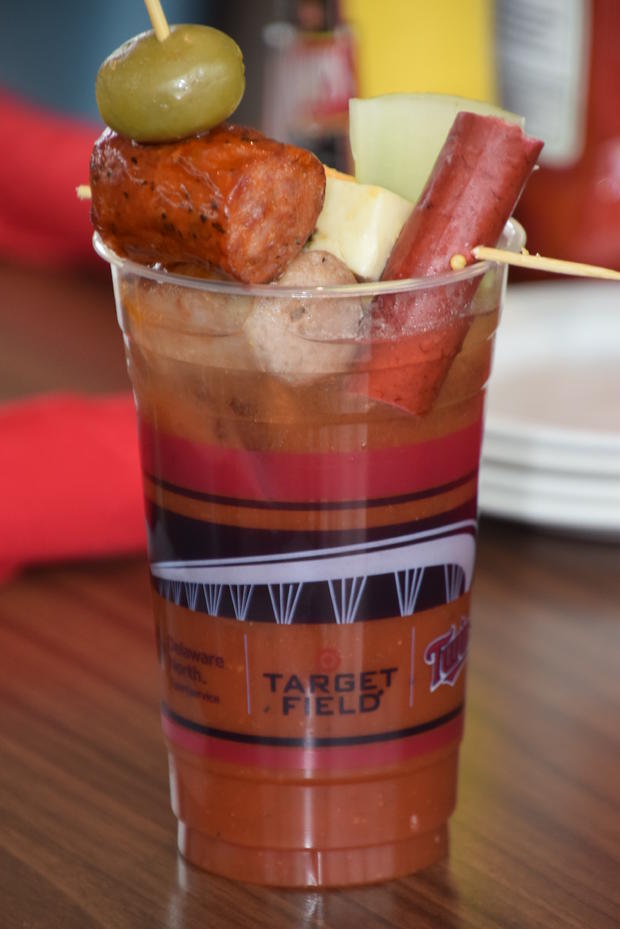 Bloody Mary topped with Kramarczuk's sausages 