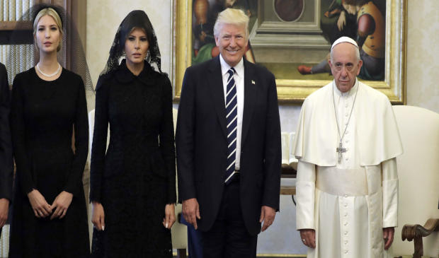 Pope Francis poses with President Trump, first lady Melania Trump and Mr. Trump's daughter Ivanka Trump at the end of a private audience at the Vatican on May 24, 2017. 
