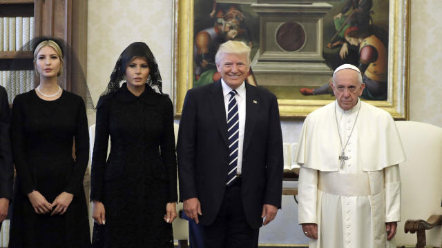 Pope Francis poses with President Trump, first lady Melania Trump and Mr. Trump's daughter Ivanka Trump at the end of a private audience at the Vatican on May 24, 2017. 