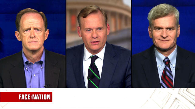 Sen. Pat Toomey, left, R-Pennsylvania, and Sen. Bill Cassidy, right, R-Louisiana, are seen during an interview with "Face the Nation" moderator John Dickerson on June 25, 2017. 