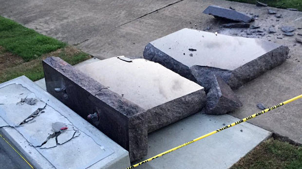 A vehicle destroyed a Ten Commandments monument on the grounds of Arkansas' Capitol on June 28, 2017, less than 24 hours after it was installed in Little Rock, Arkansas. 